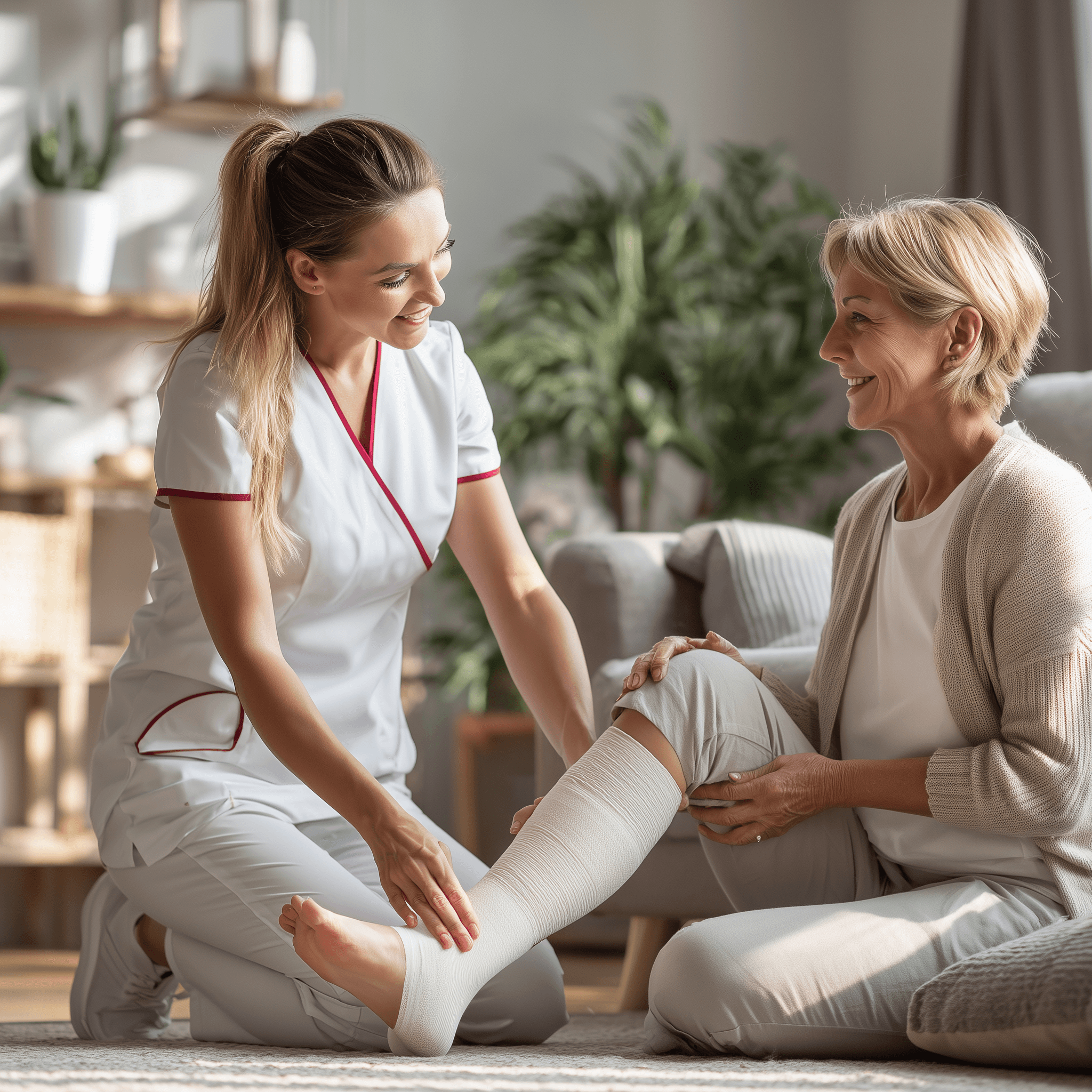 Infermiere mentre benda una gamba